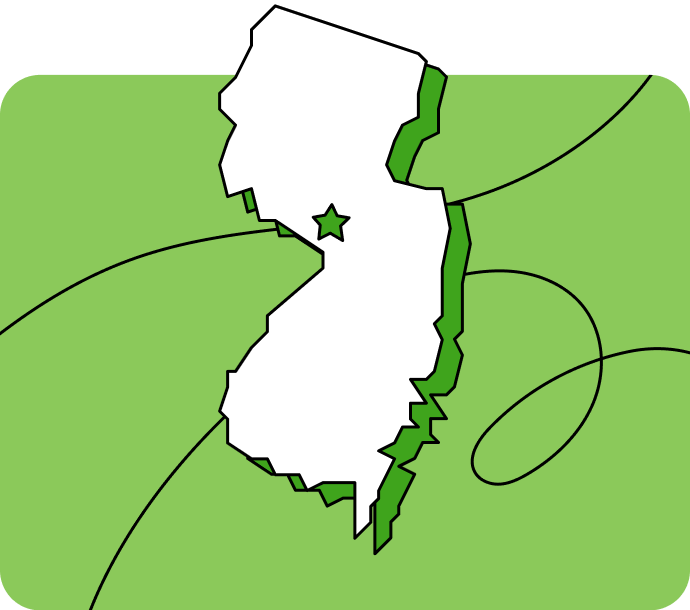 Outline of New Jersey with a star marking its capital city, set against a green background with curved lines.