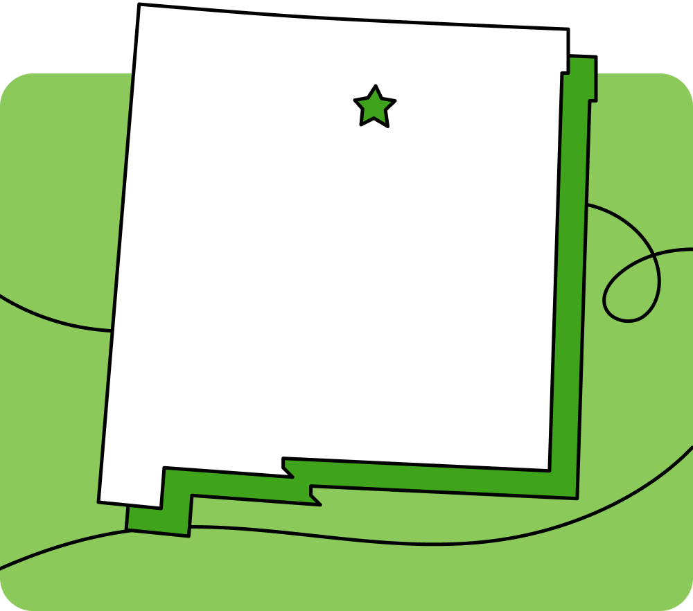 Outline of New Mexico with a star marking its capital city, set against a green background with curved lines.