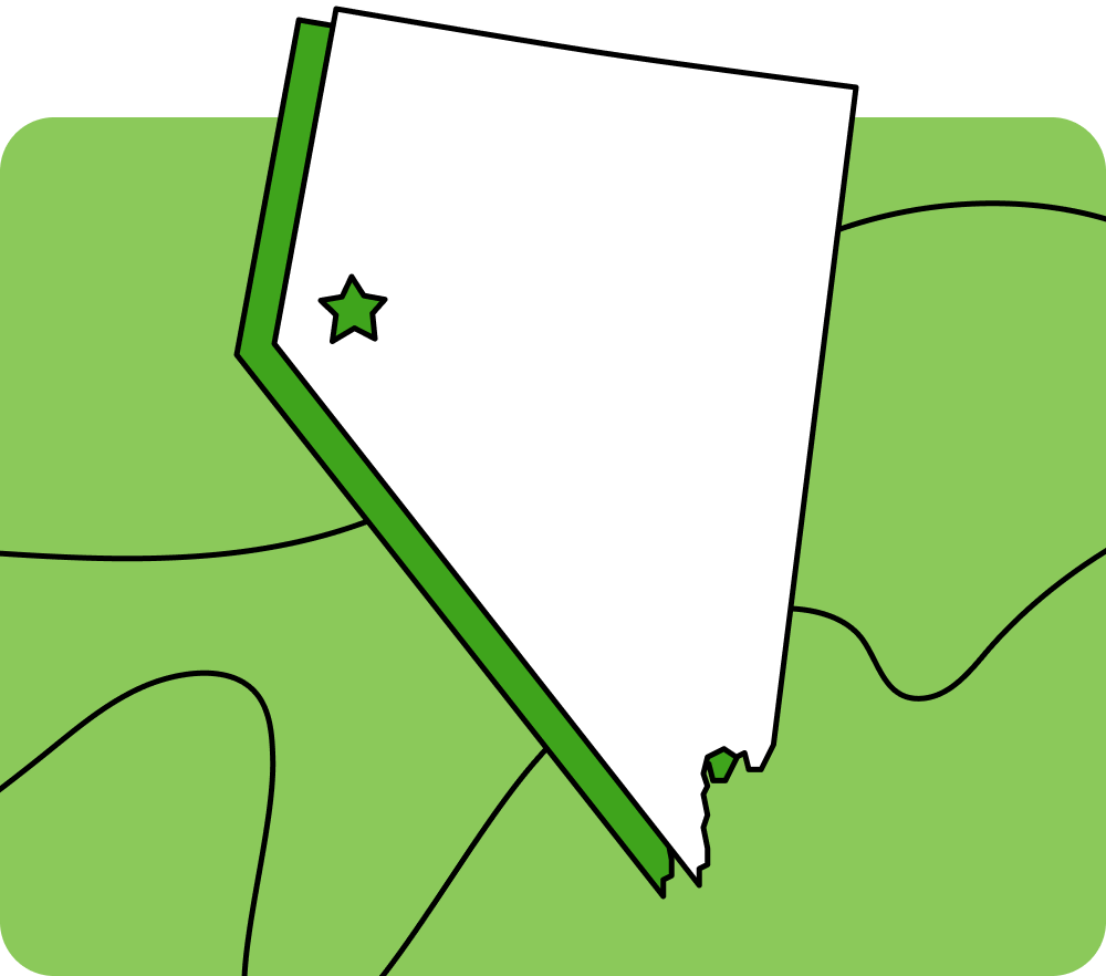 Outline of Nevada with a star marking its capital city, set against a green background with curved lines.