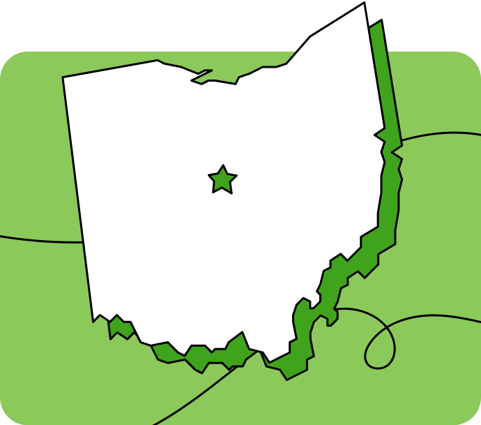 Outline of Ohio with a star marking its capital city, set against a green background with curved lines.