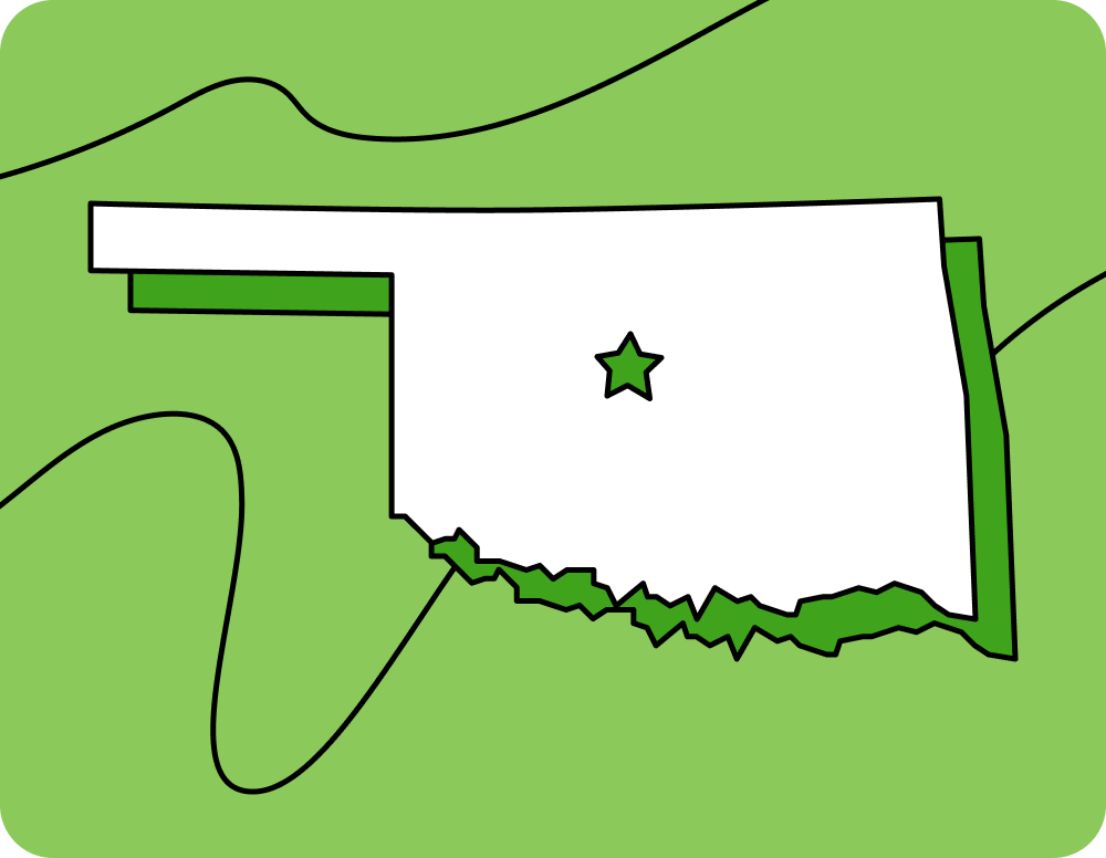 Outline of Oklahoma with a star marking its capital city, set against a green background with curved lines.