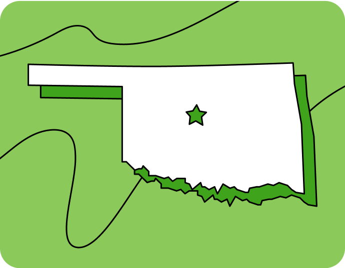 Outline of Oklahoma with a star marking its capital city, set against a green background with curved lines.