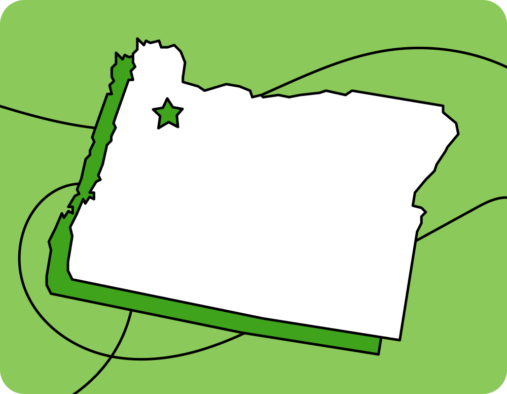 Outline of Oregon with a star marking its capital city, set against a green background with curved lines.