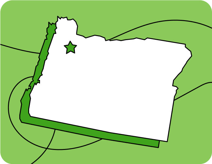 Outline of Oregon with a star marking its capital city, set against a green background with curved lines.