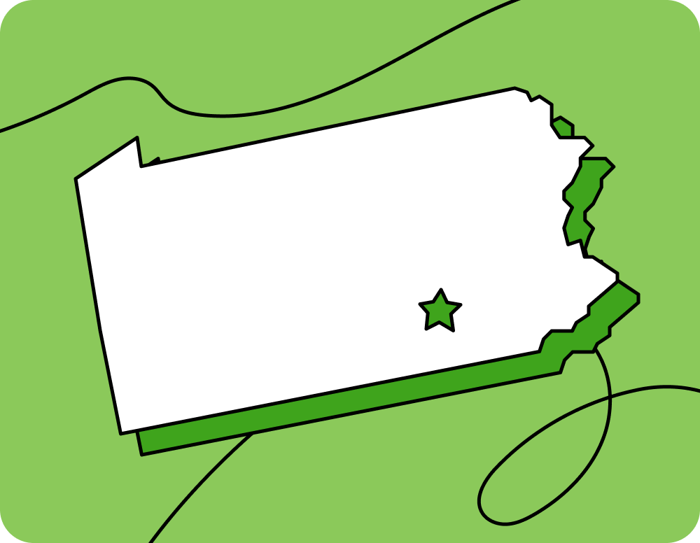 Outline of Pennsylvania with a star marking its capital city, set against a green background with curved lines.