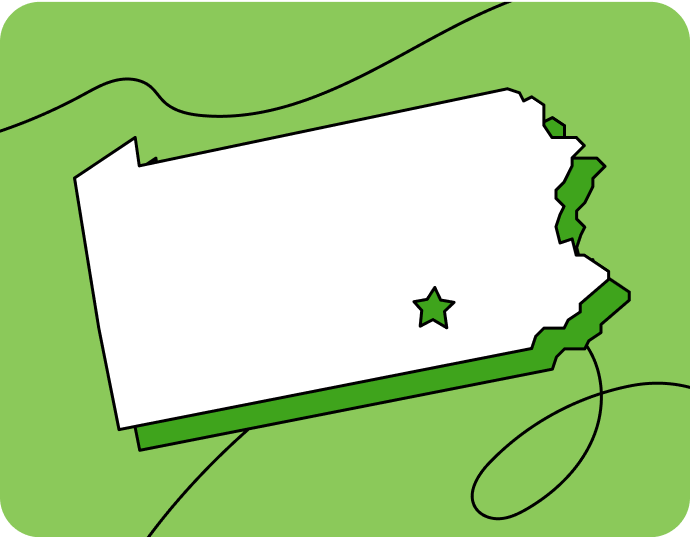 Outline of Pennsylvania with a star marking its capital city, set against a green background with curved lines.