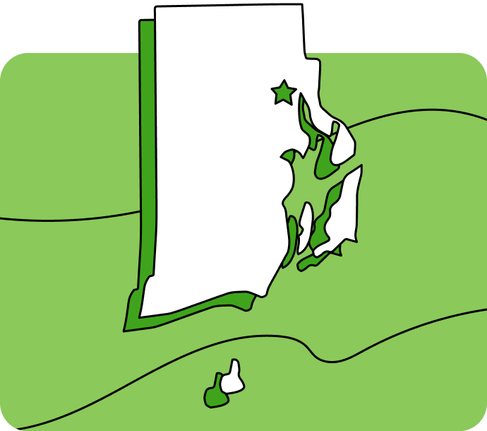 Outline of Rhode Island with a star marking its capital city, set against a green background with curved lines.