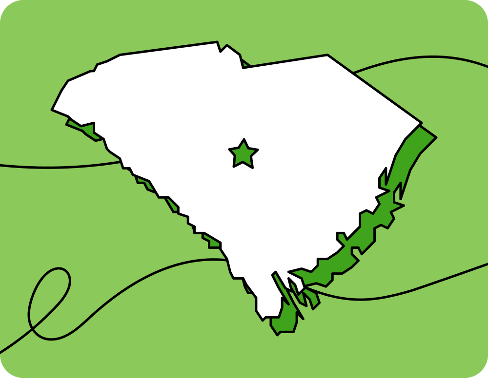 Outline of South Carolina with a star marking its capital city, set against a green background with curved lines.