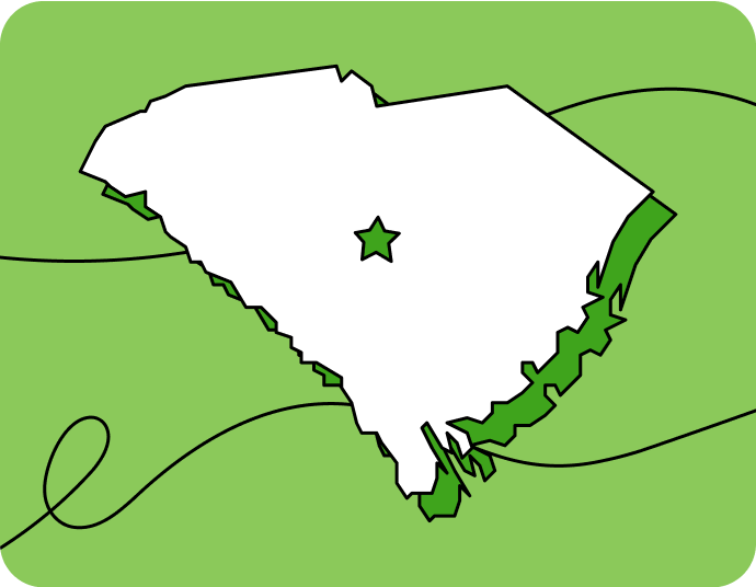 Outline of South Carolina with a star marking its capital city, set against a green background with curved lines.