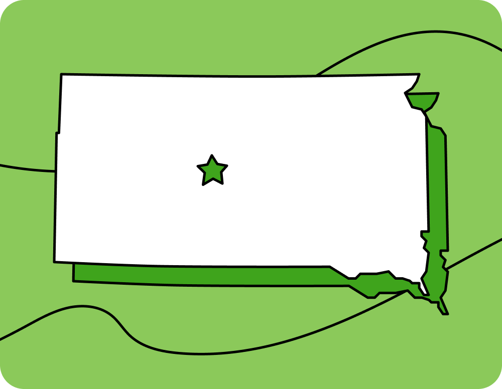 Outline of South Dakota with a star marking its capital city, set against a green background with curved lines.