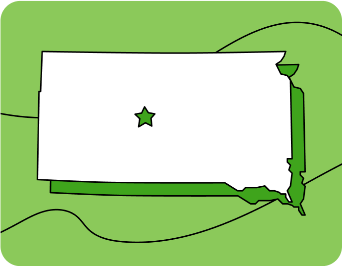 Outline of South Dakota with a star marking its capital city, set against a green background with curved lines.