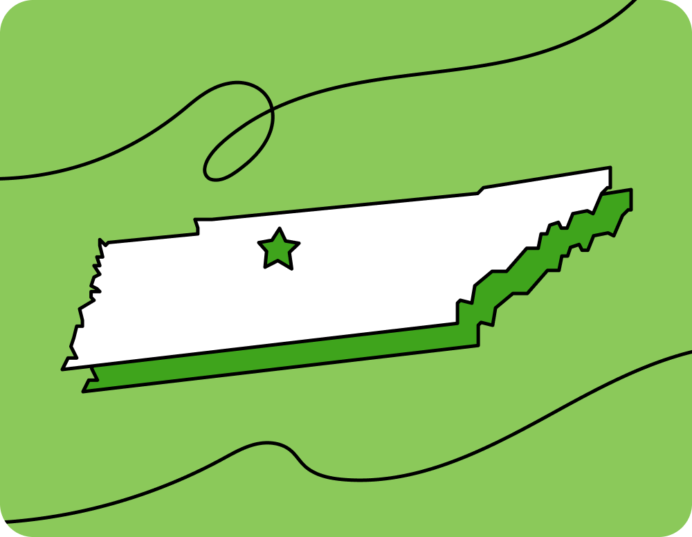 Outline of Tennessee with a star marking its capital city, set against a green background with curved lines.