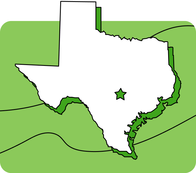 Outline of Texas with a star marking its capital city, set against a green background with curved lines.