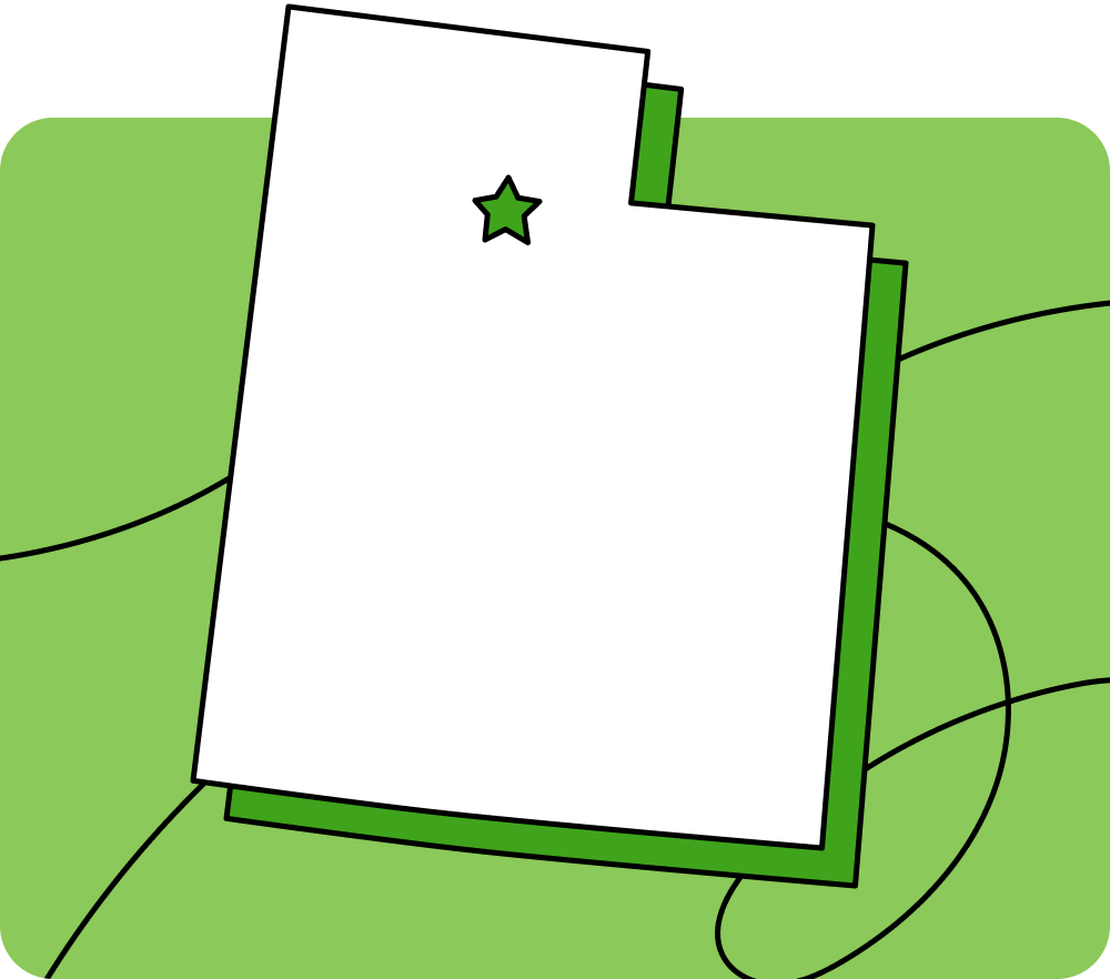 Outline of Utah with a star marking its capital city, set against a green background with curved lines.