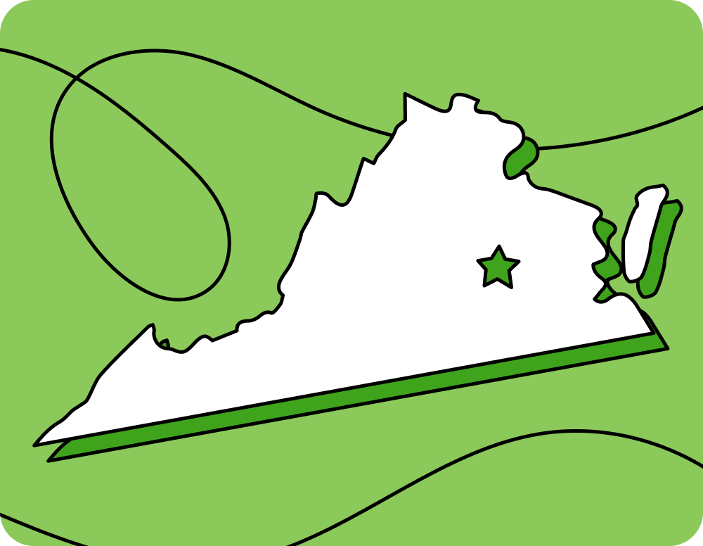 Outline of Virginia with a star marking its capital city, set against a green background with curved lines.