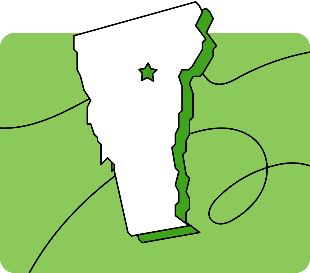 Outline of Vermont with a star marking its capital city, set against a green background with curved lines.