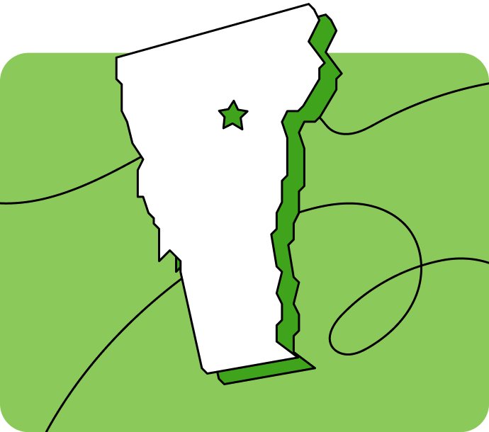 Outline of Vermont with a star marking its capital city, set against a green background with curved lines.