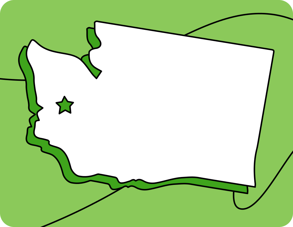 Outline of Washington with a star marking its capital city, set against a green background with curved lines.