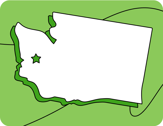 Outline of Washington with a star marking its capital city, set against a green background with curved lines.