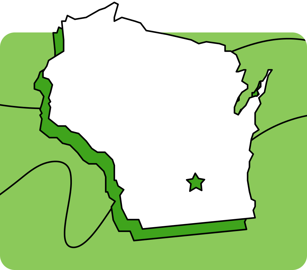 Outline of Wisconsin with a star marking its capital city, set against a green background with curved lines.