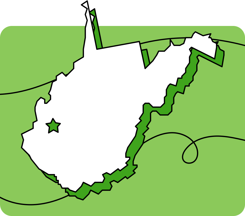 Outline of West Virginia with a star marking its capital city, set against a green background with curved lines.